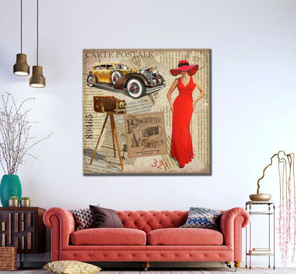 Square Canvas Fashion Woman & Car Vintage Art High Quality Print 100% Australian Made