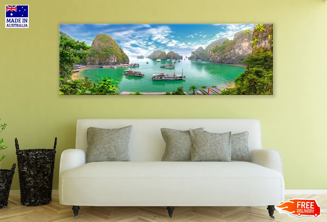 Panoramic Canvas Boats on Halong Bay View Photograph High Quality 100% Australian Made Wall Canvas Print Ready to Hang