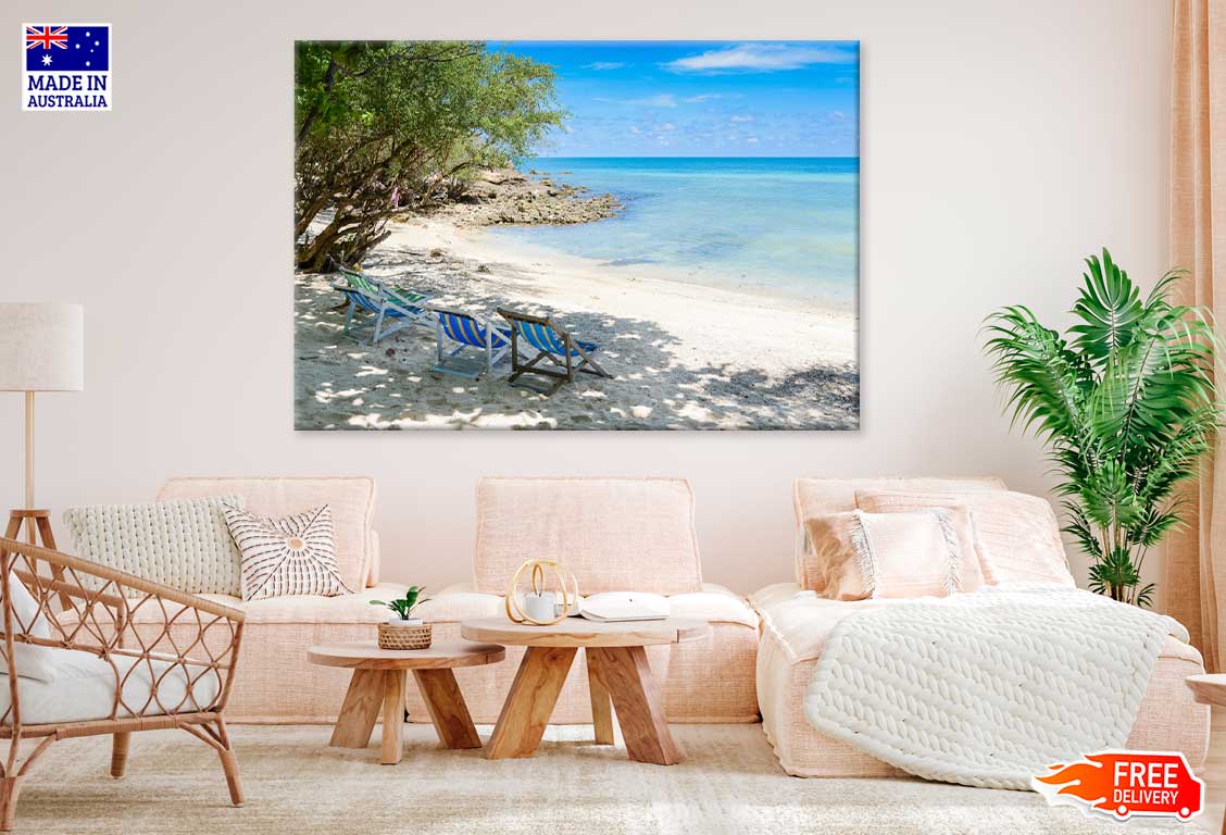 Beach Chairs on Sandy Thailand Beach View Photograph Print 100% Australian Made