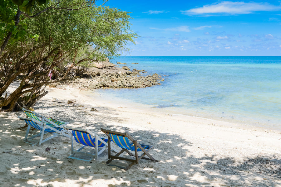Beach Chairs on Sandy Thailand Beach View Photograph Print 100% Australian Made
