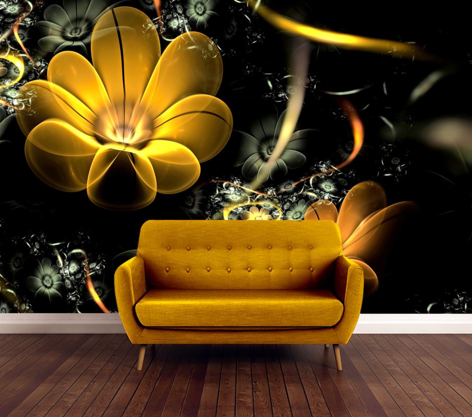 Wallpaper Murals Peel and Stick Removable Black & Gold Floral Abstract Design High Quality