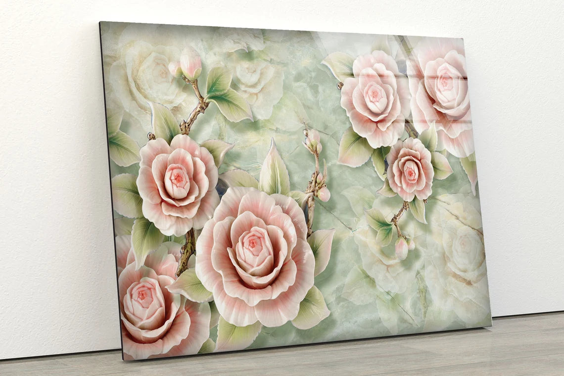 Pink Flowers 3D Marble Design Acrylic Glass Print Tempered Glass Wall Art 100% Made in Australia Ready to Hang