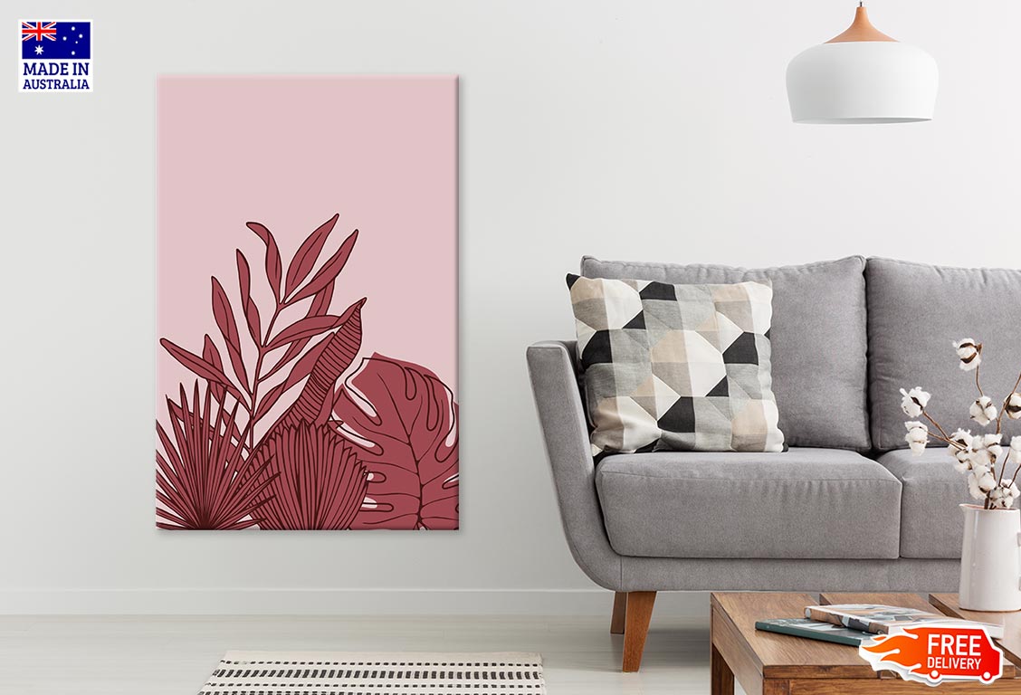 Maroon Leaves & Pink Background Line Art Print 100% Australian Made