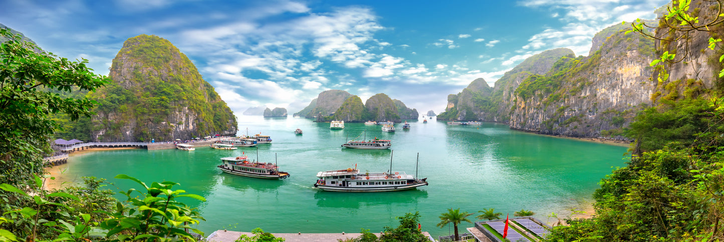 Panoramic Canvas Boats on Halong Bay View Photograph High Quality 100% Australian Made Wall Canvas Print Ready to Hang