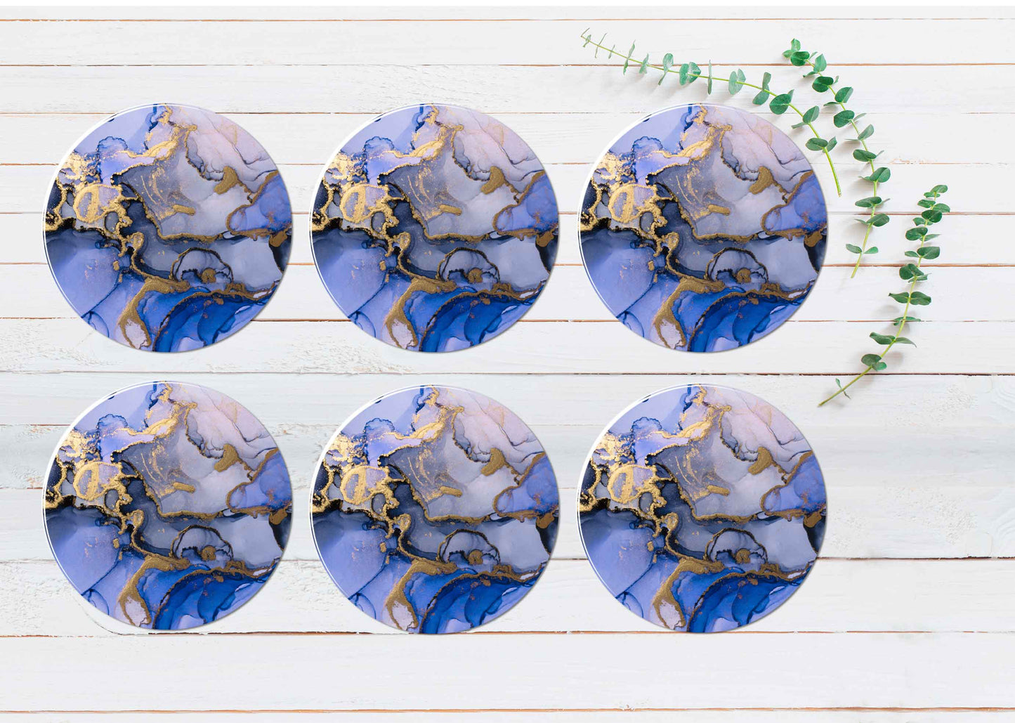 Purple Blue Gold Splash Abstract Coasters Wood & Rubber - Set of 6 Coasters