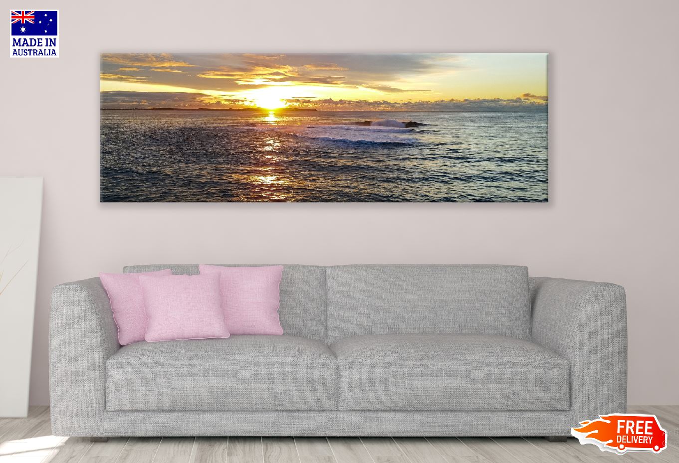 Panoramic Canvas Sea Waves & Sunset View Photograph High Quality 100% Australian Made Wall Canvas Print Ready to Hang