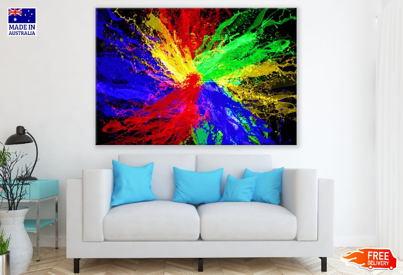 Blue Red Yellow & Green Splash Abstract Design Print 100% Australian Made