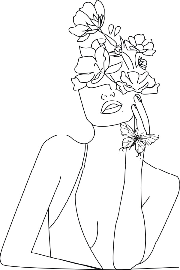 Flowers & Woman Face B&W Line Art Design Print 100% Australian Made