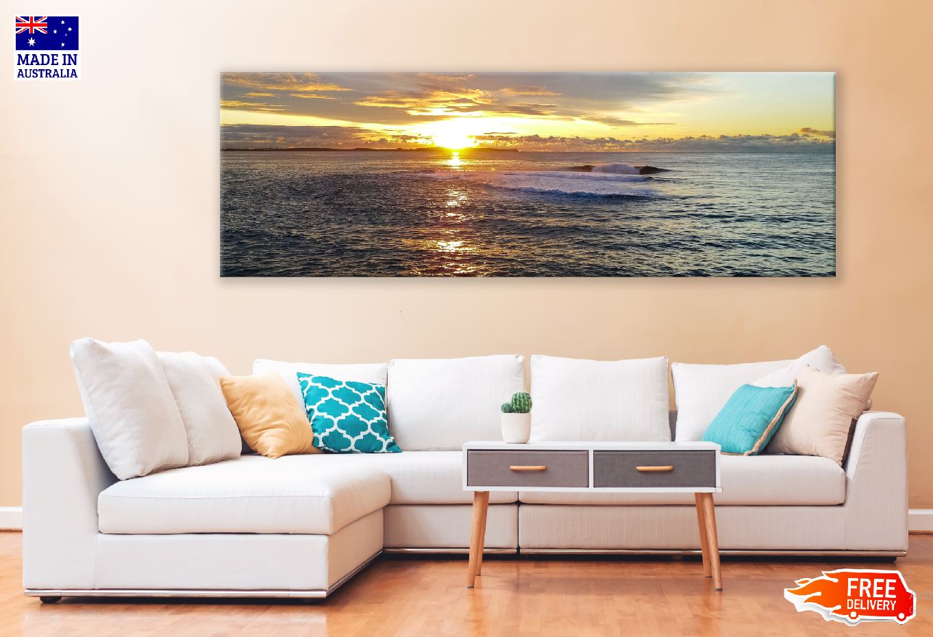 Panoramic Canvas Sea Waves & Sunset View Photograph High Quality 100% Australian Made Wall Canvas Print Ready to Hang