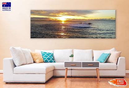 Panoramic Canvas Sea Waves & Sunset View Photograph High Quality 100% Australian Made Wall Canvas Print Ready to Hang