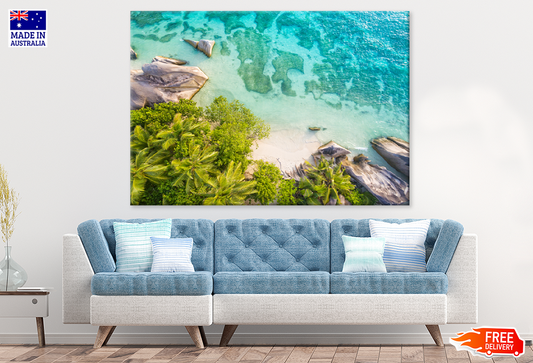 Palm Trees & Rocks On Sea Aerial Scenery View Print 100% Australian Made