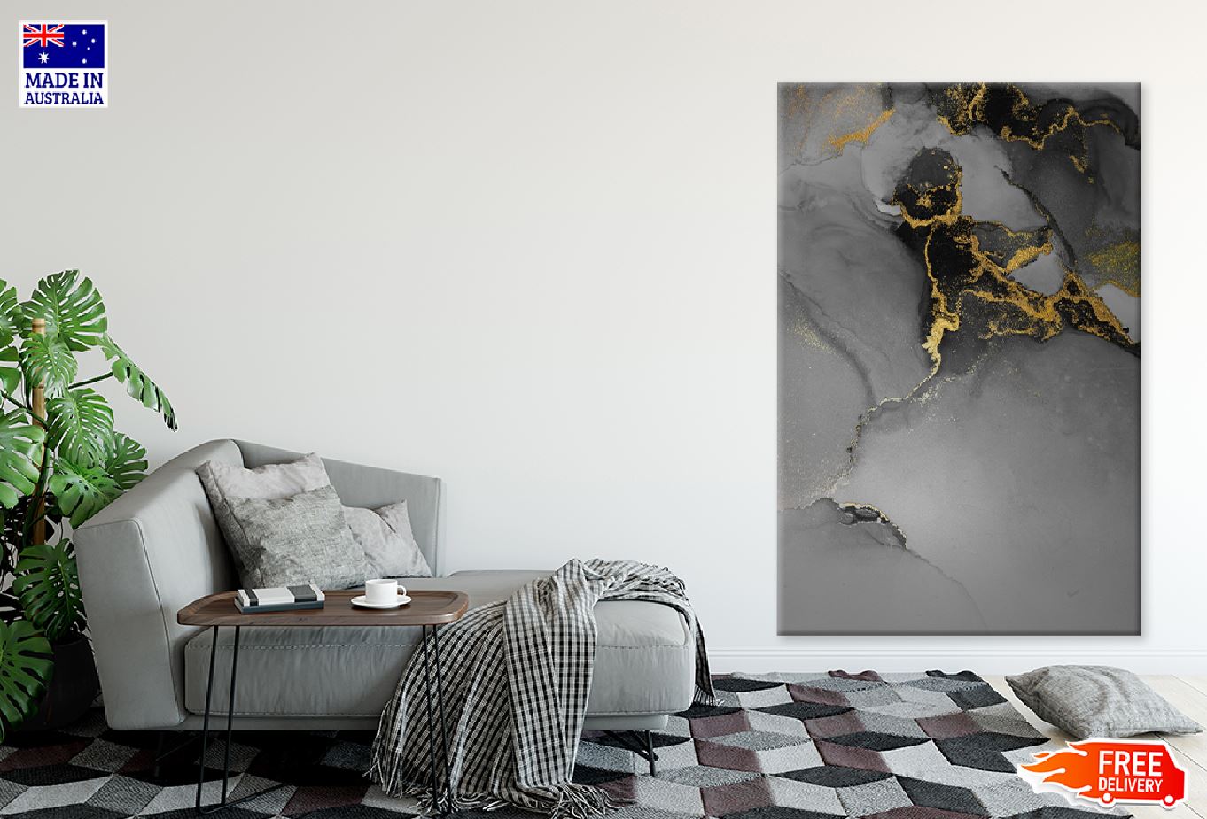 Black & Dark Grey Gold Abstract Design Print 100% Australian Made