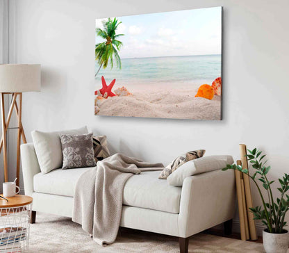 Bella Home Palm Tree Sea Shells Sand Beach Print Canvas Ready to hang