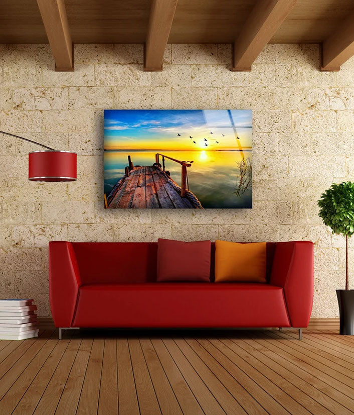 Birds Flying Over Wooden Pier & Lake Sunrise View Photograph Acrylic Glass Print Tempered Glass Wall Art 100% Made in Australia Ready to Hang