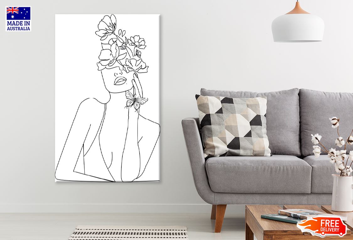 Flowers & Woman Face B&W Line Art Design Print 100% Australian Made