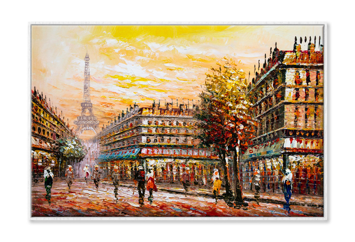 Eiffle Tower People Walking on Street Oil Painting Wall Art Limited Edition High Quality Print Canvas Box Framed White