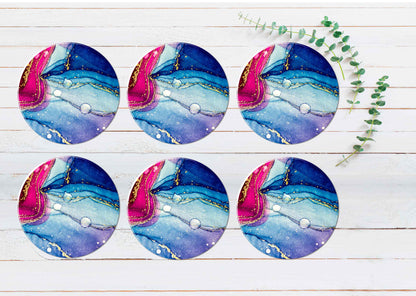Pink Purple Blue & Gold Abstract Coasters Wood & Rubber - Set of 6 Coasters