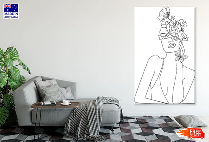 Flowers & Woman Face B&W Line Art Design Print 100% Australian Made