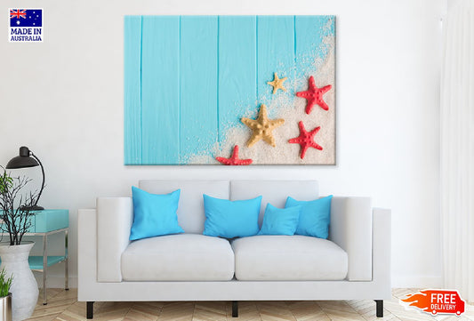 Starfish with Sand on Blue Wood Photograph Print 100% Australian Made