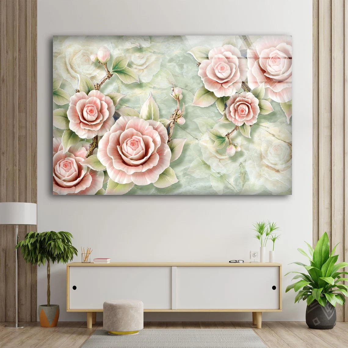 Pink Flowers 3D Marble Design Acrylic Glass Print Tempered Glass Wall Art 100% Made in Australia Ready to Hang