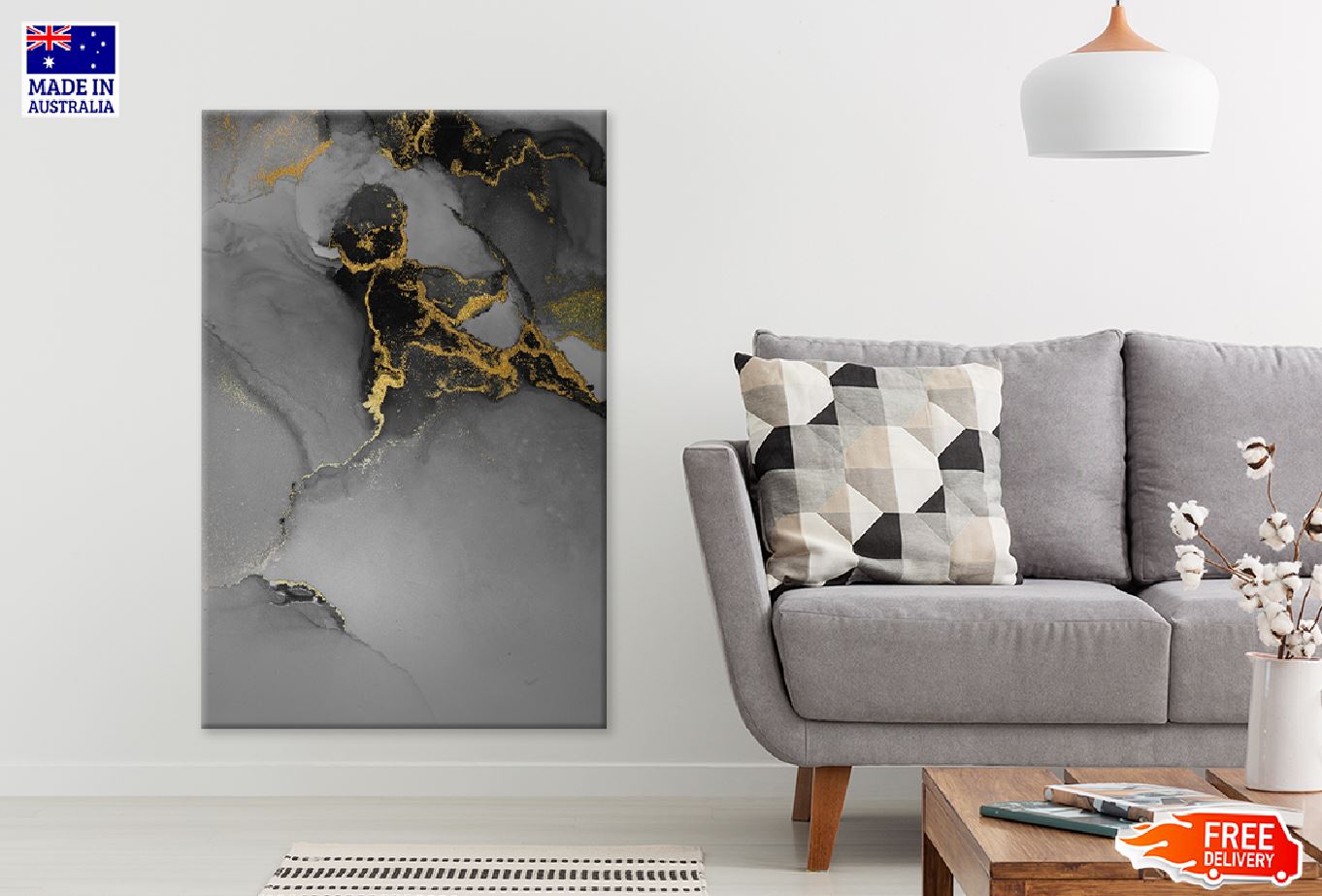 Black & Dark Grey Gold Abstract Design Print 100% Australian Made