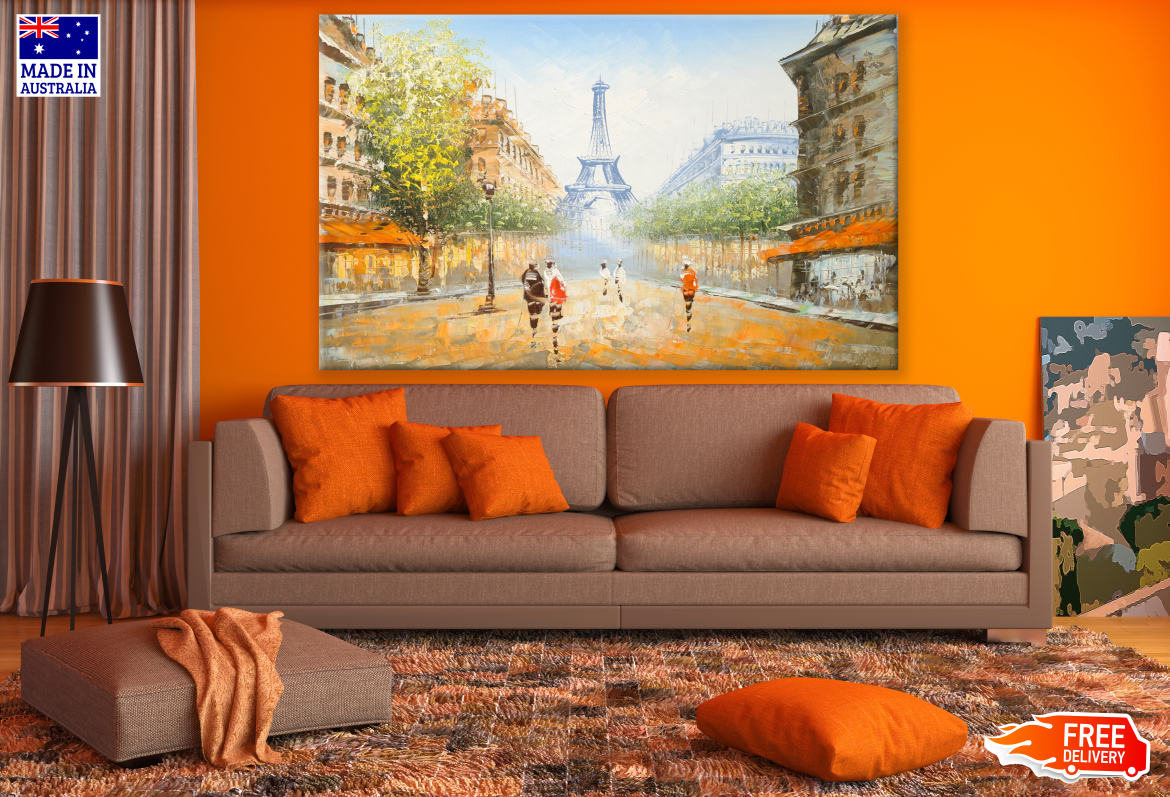 People Walking Along the Road Eiffel Tower Painting Print 100% Australian Made