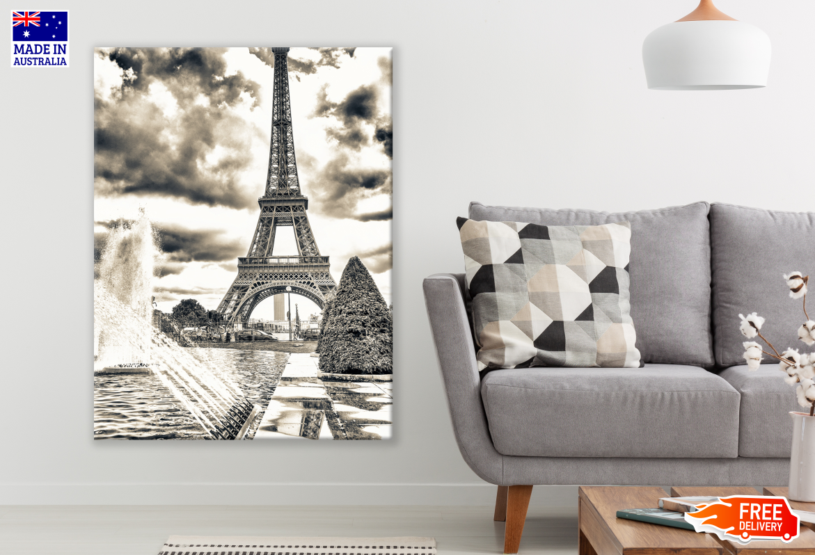 Eiffel Tower & Water Fountain B&W Photography Print 100% Australian Made