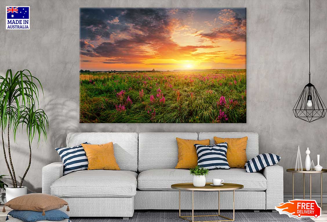 Pink Flower Field Sunrise View Photograph Print 100% Australian Made
