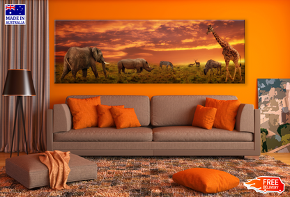 Panoramic Canvas Animals Walking in Forest Sunset High Quality 100% Australian made wall Canvas Print ready to hang