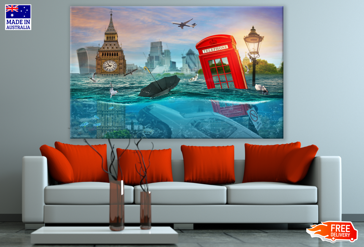 British Telephone box with Big Ben & Double Decker bus Sinking in Water Photograph Print 100% Australian Made