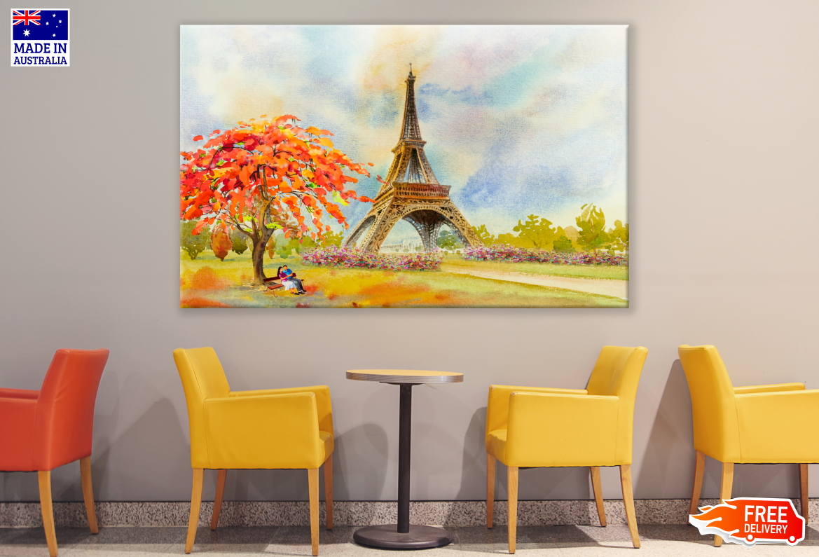 Couple Sitting Under A Tree Near Eiffel Tower Painting Print 100% Australian Made