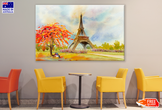 Couple Sitting Under A Tree Near Eiffel Tower Painting Print 100% Australian Made