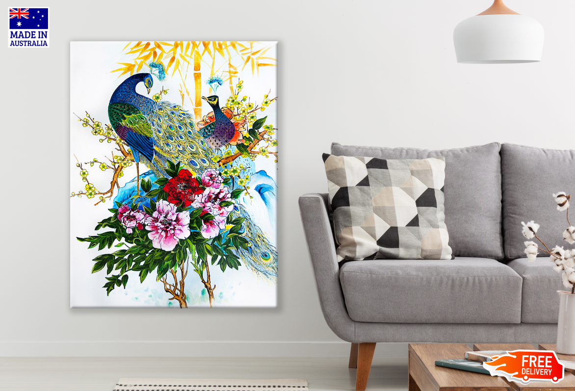 Peacocks Sitting on a Flower Tree Branch Painting Print 100% Australian Made