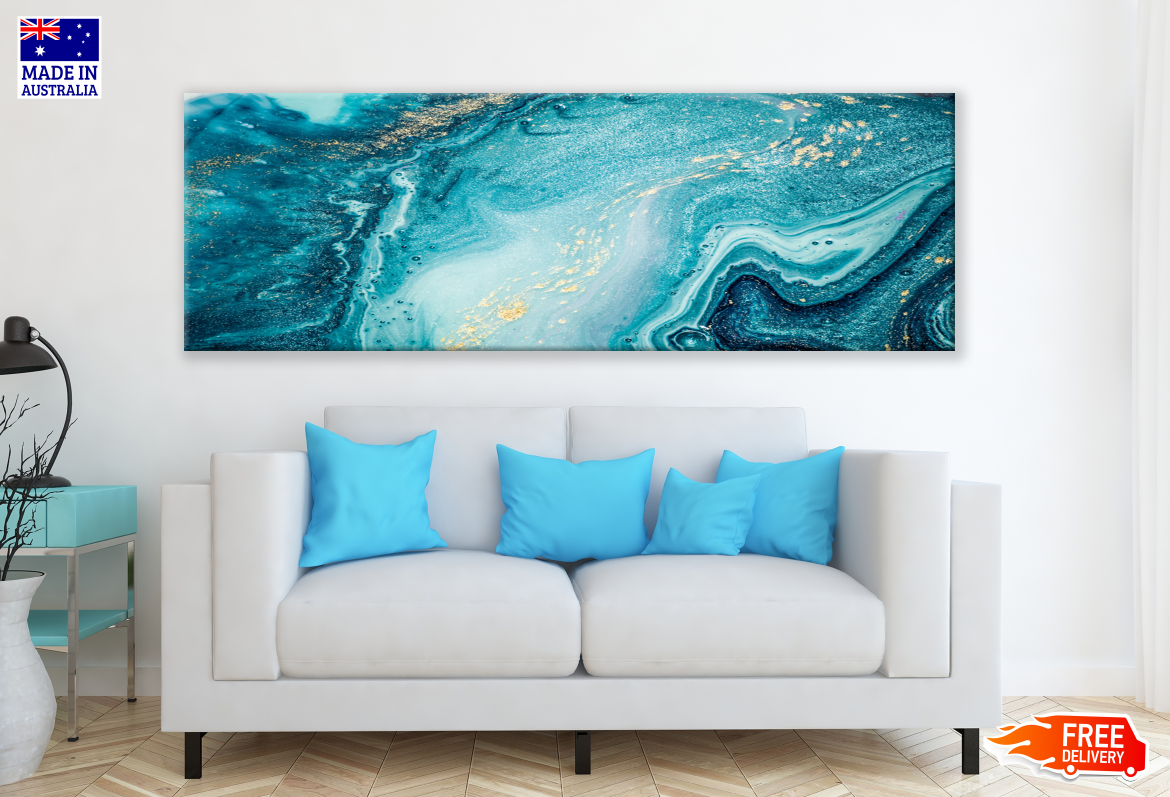 Panoramic Canvas Blue Green Abstract High Quality 100% Australian made wall Canvas Print ready to hang