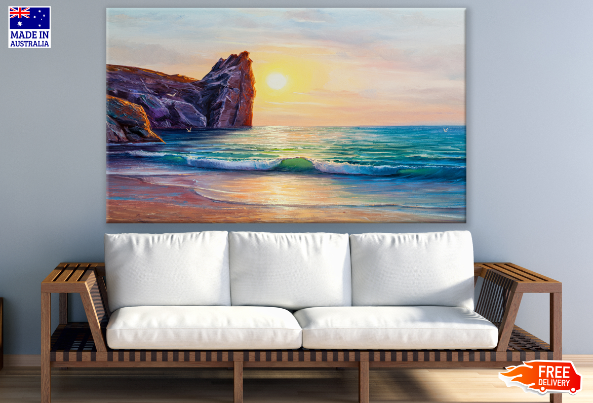 Stunning Beach View With Cliff Sunset Painting Print 100% Australian Made