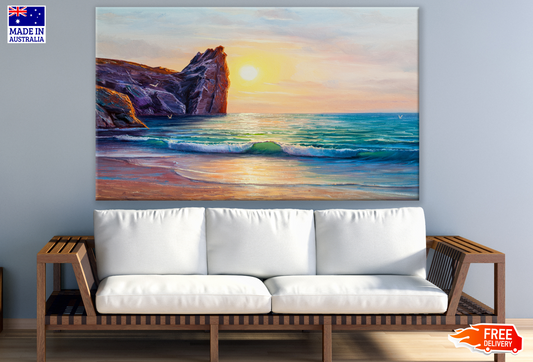 Stunning Beach View With Cliff Sunset Painting Print 100% Australian Made