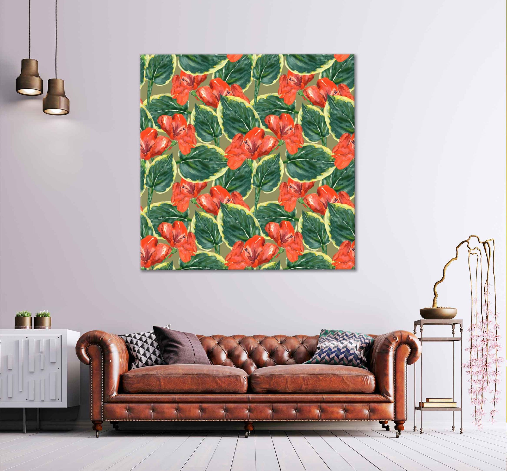 Square Canvas Red Flowers with Leaves Art High Quality Print 100% Australian Made