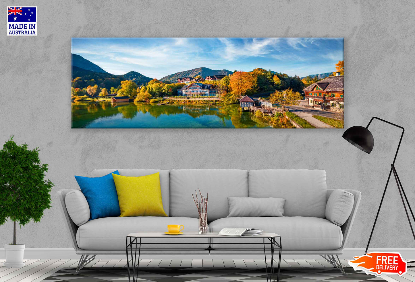 Panoramic Canvas Grundlsee Village & Lake Scenery Photograph High Quality 100% Australian Made Wall Canvas Print Ready to Hang