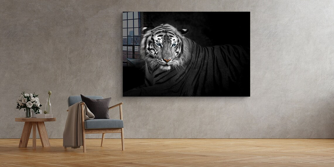 B&W Tiger Closeup View Print Tempered Glass Wall Art 100% Made in Australia Ready to Hang