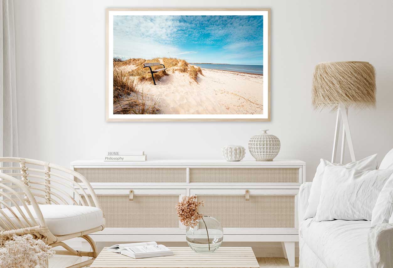 Bench on Sand Beach South Sweden Photograph Home Decor Premium Quality Poster Print Choose Your Sizes