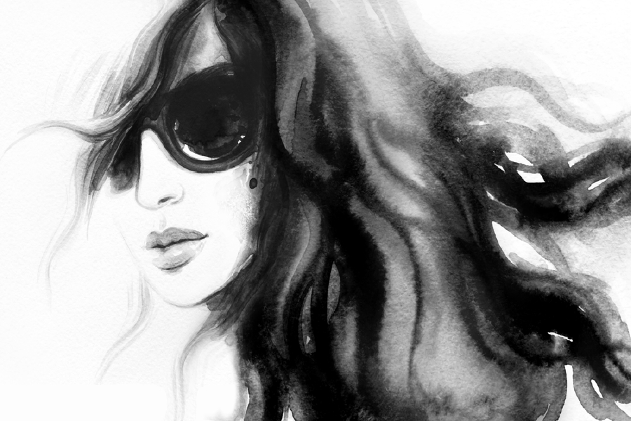 Young Women With Sunglasses & Long Hair B&W Watercolor Painting Print 100% Australian Made