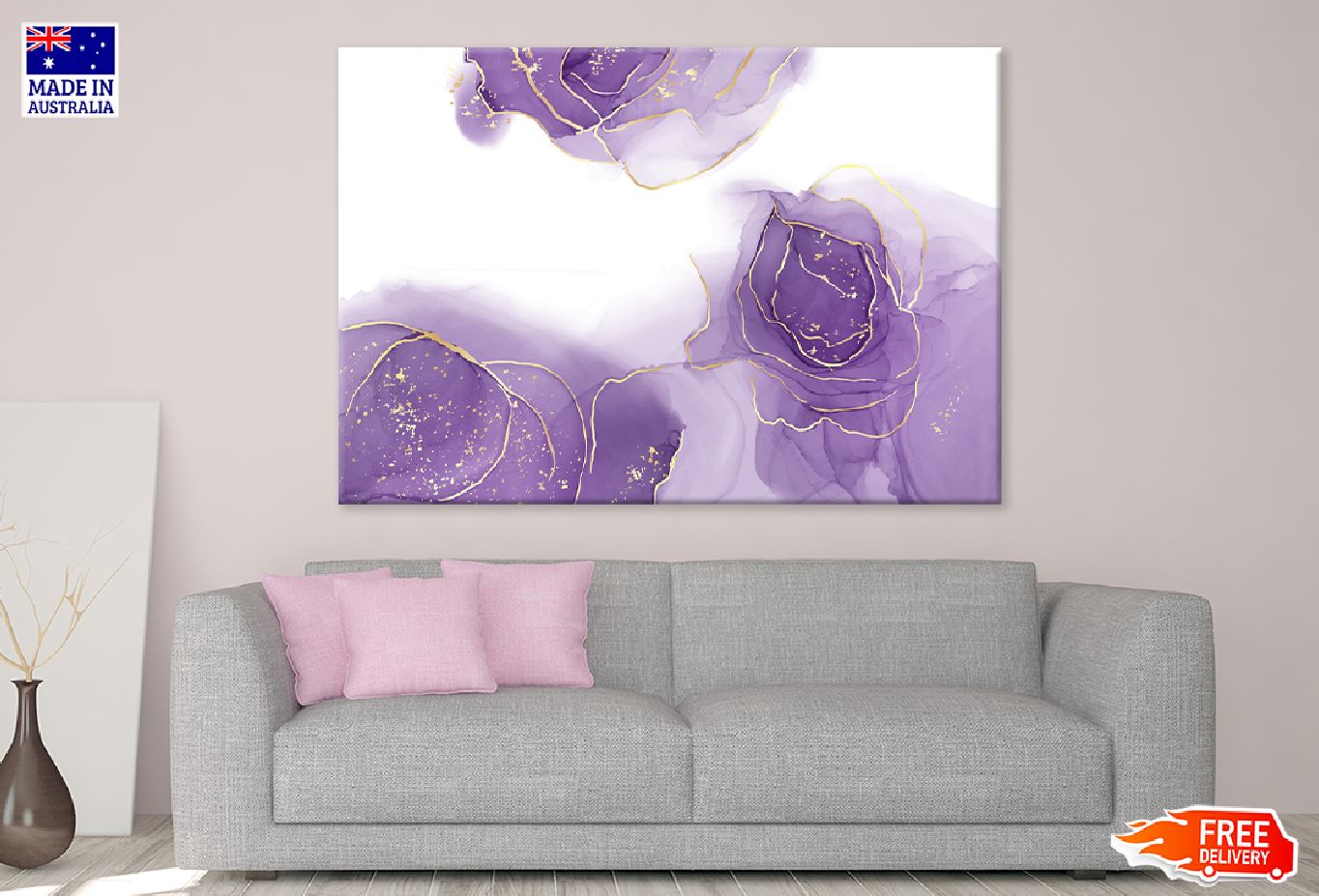 Purple Ink & Gold Lines Abstract Design Print 100% Australian Made