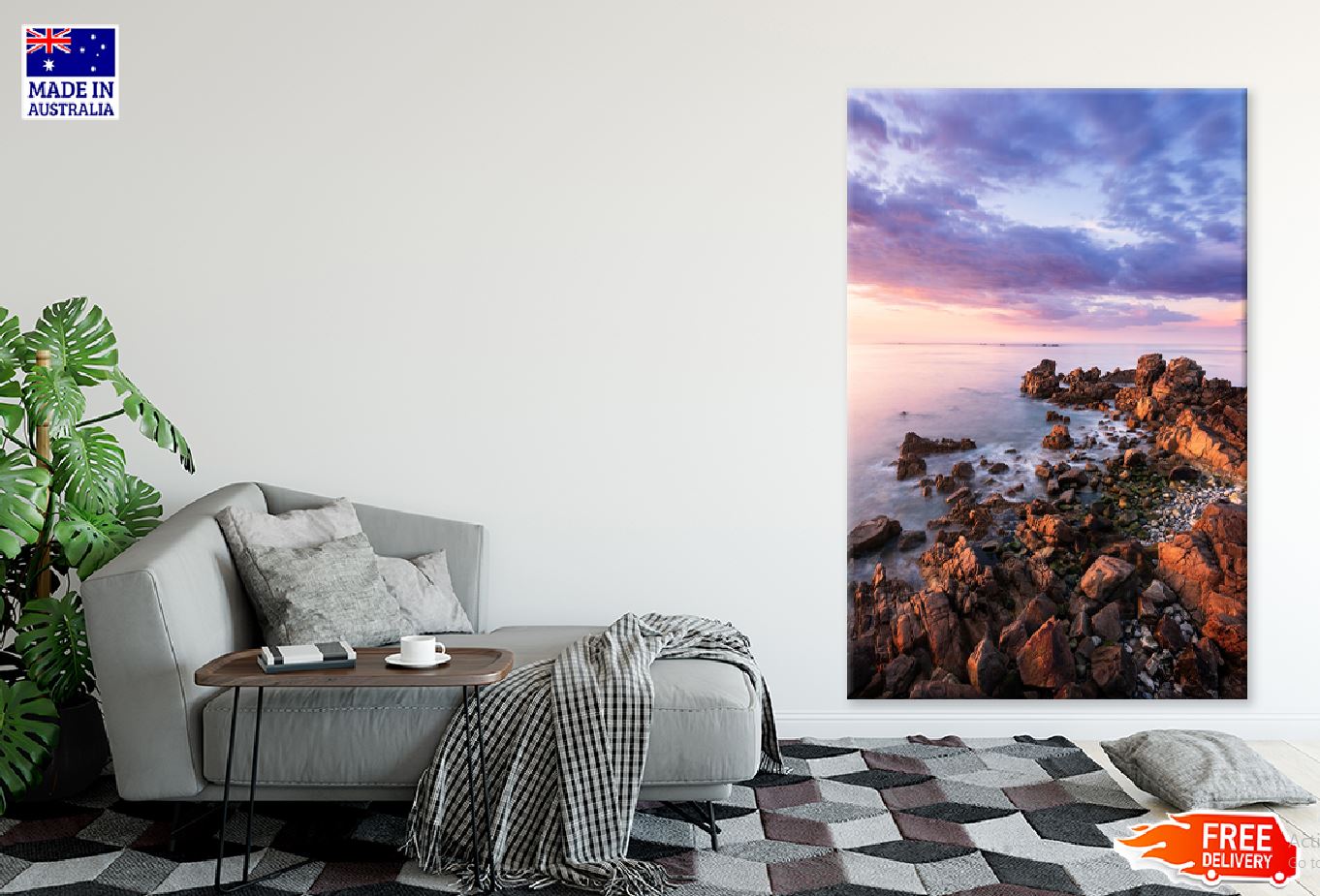 Rocky Seashore Cloudy Sunset View Photograph Print 100% Australian Made