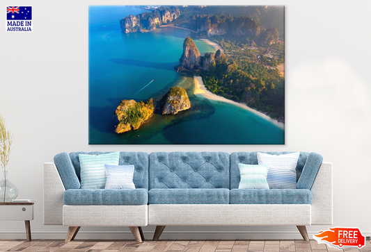 Rock Mountain & Boat On Sea View Photograph Print 100% Australian Made