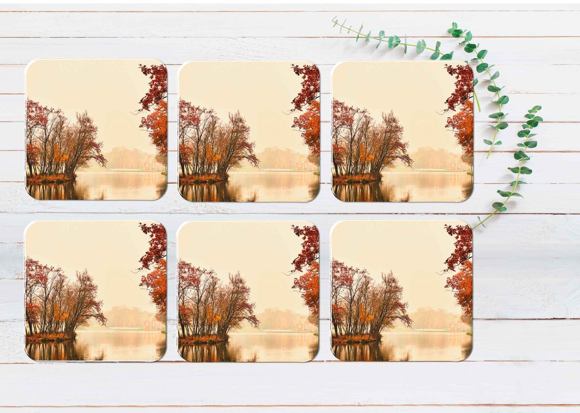 Autumn Lake in The Park Evening View Coasters Wood & Rubber - Set of 6 Coasters