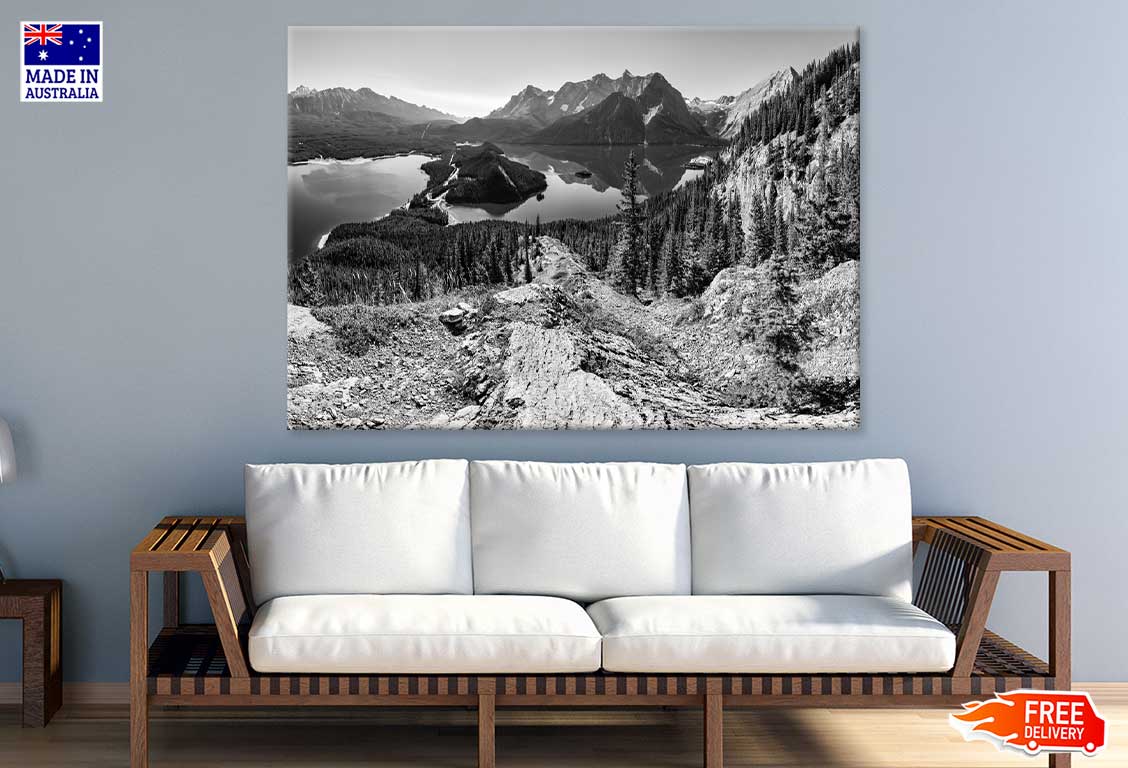 Lake & Mountain in Kananaskis B&W View Photograph Print 100% Australian Made