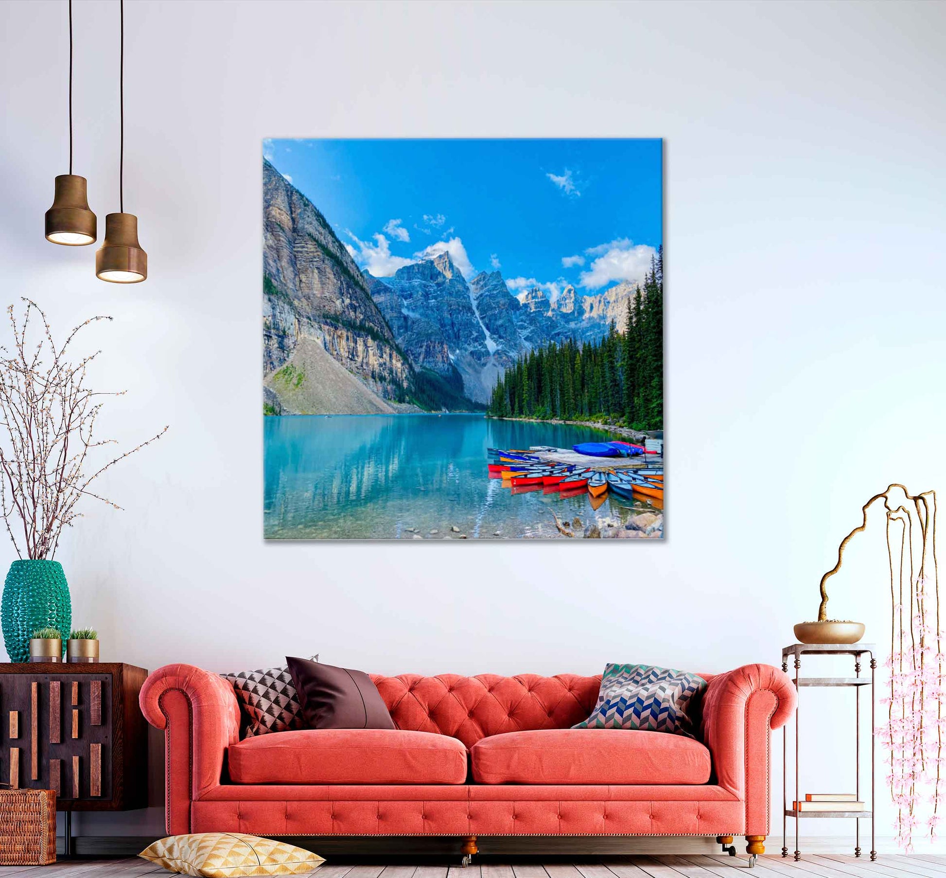 Square Canvas Boats on Moraine Lake Scenery Photograph High Quality Print 100% Australian Made