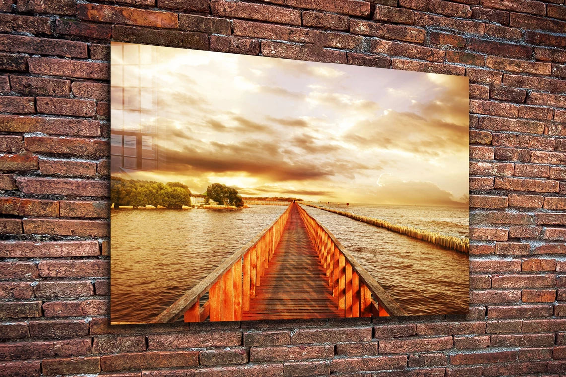 Wooden Path on Sea Print Tempered Glass Wall Art 100% Made in Australia Ready to Hang