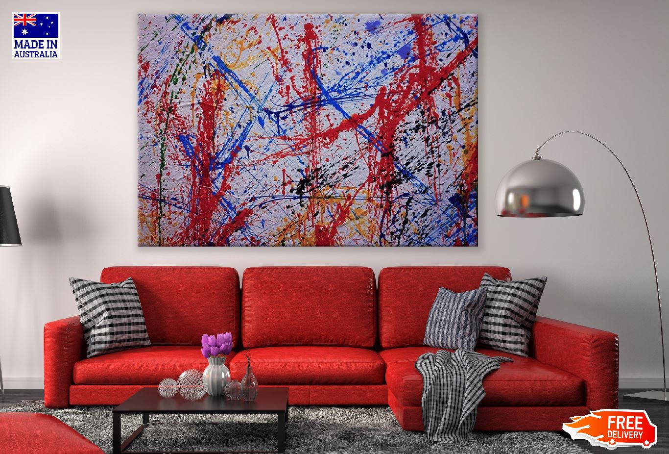 Orange Blue & Red Paint Lines Abstract Design Print 100% Australian Made
