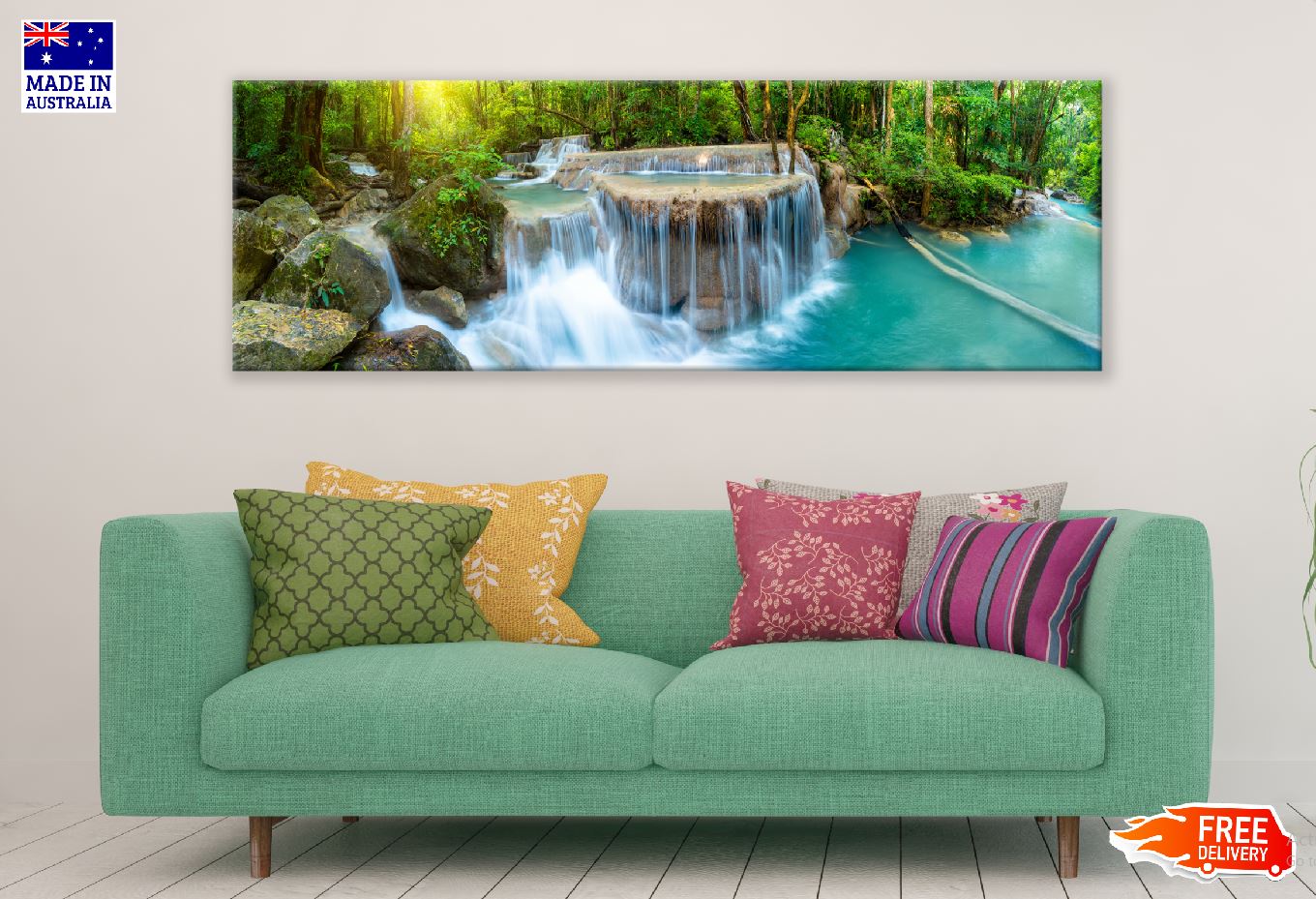 Panoramic Canvas Forest Rocky Waterfall View Scenery High Quality 100% Australian Made Wall Canvas Print Ready to Hang